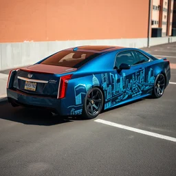 a deep blue glossy cadillac 1 9 5 7 coupe, with an airbrushed custom paintjob of a cybercity, long shot, daylight, nikon photography, 3 5 mm