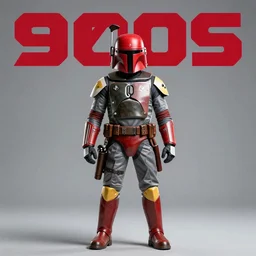 boba fett in red, helmet antenna, boots, 9 0's studio photo. magazine cover with text.