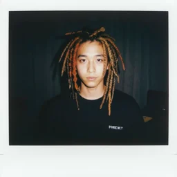 a boy with colored dread hair in dark room flash, polaroid effect