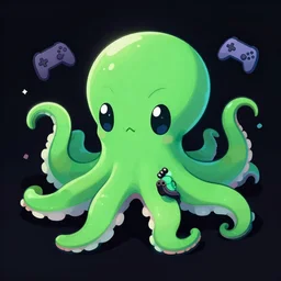 a cute acqua green little octopus playing videogames, with various joyoads in his tentacles, dark black background, digital drawing, photoshop, high definition, gamer