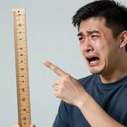 A man pointing at a ruler and crying, high resolution photo, ruler!!!!!!!, trending on artstation