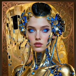 photo of a beautiful female cyberpunk cyborg, head is connected with devices, artwork by james jean, hyperdetailed realistic gold and blue metallic, the eyes glow blue, jean delville, art nouveau, gustav klimt, ornate copper patina gothic icon, james jean, ultrasharp hyperdetailed photorealistic octane render