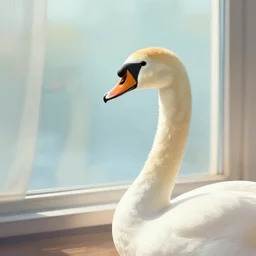 a swan staring at a window, digital art
