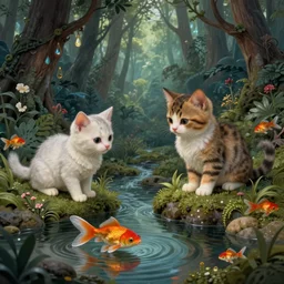 two kittens in the enchanted forest watching the goldfish in the stream, fantasy, intricate, extremely detailed, matte, artstation, art by artgerm, louis wain