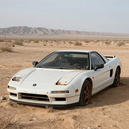 a wrecked 2 0 0 5 acura nsx, abandoned in a desert, dusty, damaged, some rust