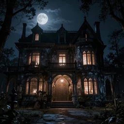 inside a haunted mansion at night, moonlight shines through the windows, hyper realistic, dramatic shadows, gothic