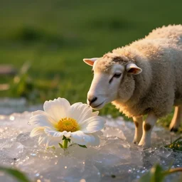 a sheep finding a beautiful flower, entrapped in ice, only green in the background, beautiful macro photography, warm ambient light