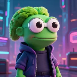 cyberpunk happy pepe in the future city, anfas, hyper detailed, artstation, matte painting, 3 d, octane render