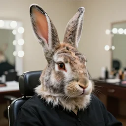 headshots of vladimir putin sitting in a makeup chair wearing highly detailed rabbit prosthetic makeup in the style of rick baker, vladimir has long rabbit ears, rabbit fur, rabbit snout, studio lighting, soft focus