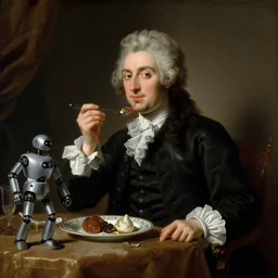 baroque oil painting handsome aristocrat in elegant black suit eating dish with a robot, baroque style, 8 k resolution