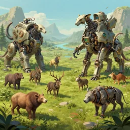 Highly Detailed digital illustration about the beauty of nature in a atompunk world where all animals have been replaced by mechanical beasts. Trending on Artstation
