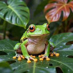 a frog surrounded by tropical plants, realistic, colorful photo, 8k