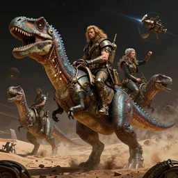 hard metal rockers riding dinosaurs in the space desert, boris vallejo style, steampunk, hyper detailed, digital art, cinematic lighting, concept art by artgerm and greg rutkowski and caravaggio and moebius and jakub rebelka, 8 k