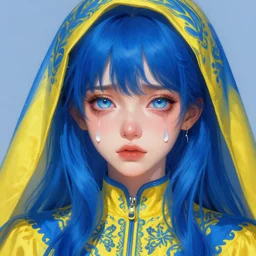 a portrait of anime ukrainian blue and yellow girl, crying with eye drops, concept art, trending on artstation, highly detailed, intricate, sharp focus, digital art, 8 k