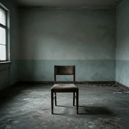 an empty room with a single chair, urban decay, horror