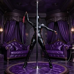 tall ceilings, purple leather dungeon bedroom, goth club, blade runner 2 0 4 9, chrome dance pole, tight leather straps latex, whips, floggers, chains, handcuffs king size canopy bed, interior set cinematic lighting,