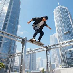 parkour, freerunners, streetwear, futuristic city, trusses, steel and glass, bright blue sunshine, highly detailed, insane detail, [ cel - shading!!! ], anime screenshot, art by studio gainax