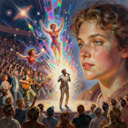 a hologram inventing the greatest song of all time and performing it to a crowd of 1 0 0, 0 0 0 while also inserting itself into the crowd in an energy blast, detailed, digital painting, artstation, concept art, donato giancola, joseph christian leyendecker, wlop, boris vallejo, breathtaking, 8 k resolution, extremely detailed, beautiful, establishing shot, artistic, hyperrealistic, beautiful face, octane render