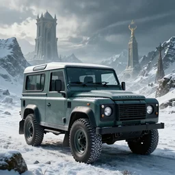 Land Rover Defender 110 (1985), an epic fantasy, dramatic lighting, cinematic, establishing shot, extremely high detail, photorealistic, cinematic lighting, artstation, by simon stalenhag, The Elder Scrolls V: Skyrim, Shrine of Azura, snow, mountains