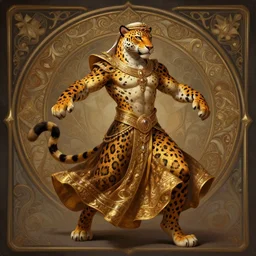 full body photograph of a male anthropomorphic jaguar man fursona arabian dancer, deep focus, intricate, elegant, highly detailed, digital painting, artstation, concept art, matte, sharp focus, illustration, d & d, fantasy, hearthstone, art by artgerm and greg rutkowski and alphonse mucha