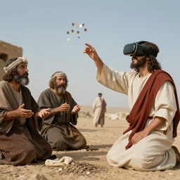 jesus with a vr headset throws the pennies to the money lenders