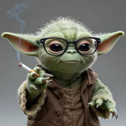 photorealistic yoda wearing dark rap glasses and smoking a cigaret