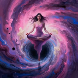 a surrealistic portrait of a meditating woman floating above a black hole, the birth of the singularity, airbrushed, smoky swirls of pink purple black blue cream nebulae, a gate to infinity, vibrant colors, vaporwave neonpunk, paint splashes, shadows, rule of thirds, detailed digital matte painting by kim jung gi and greg rutkowski