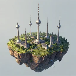 an island in space, a lot of tv towers is on the island, trending on artstation