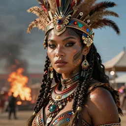 hyper realistic photography portrait of postapocalyptic cyberpunk cyborg tribal warrior amazon cinematic, brom, mucha, moebius juan gimenez coachella burningman
