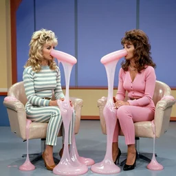 1982 twin women on tv talk show wearing an inflatable  long prosthetic snout nose made of gooey pink slime, soft color wearing stripes sitting on vinyl chairs, pink slime everywhere, studio lighting 1982 color film archival footage 16mm John Waters Russ Meyer Almodovar Doris Wishman