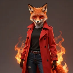 an anthropomorphic female fox with fire powers dressed in a red trench coat, black t - shirt, and jeans in the style of anti - art trending on artstation deviantart pinterest furaffinity detailed realistic hd 8 k high resolution