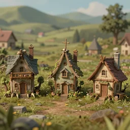 \'mimic fantasy houses\' with clawed feet, far away landscape shot, tilt-shifted, high quality art, 4k
