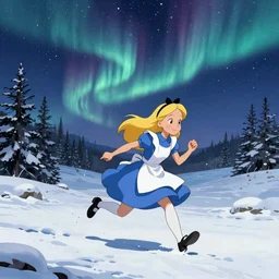 An Alice from Wonderland is running through the snow under the starry night, an aurora is visible in the sky, in style of Hachmyta, detailed, epic, trending on artstation