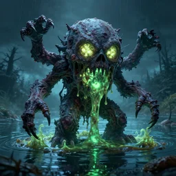 super detailed 8 0's horror art of a glowing nuclear sludge monster, coming out of a lake