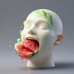 a funny sculpture of a squashed human head with a whole watermelon in his mouth, splashing fruit juice, funny face, vibrant, in the style of mike campau, cg render, ray tracing, 8 k resolution, sharp