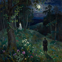painterly dreamy dark midnight hill in the forest with trees, flowers, birds, barely seen women, liana, thistle and sky with moon and stars by Mikhail Vrubel, Alexei Savrasov, Aron Wiesenfeld, Ivan Kramskoi, Isaac Levitan, dark fantasy, witcher, very detailed oil painting in the alla prima style, masterpiece, 8k