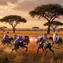 7 0 s cinematic, orange, purple, shields, flashes, white metal and black plastic wildlife, wires and lights, herds fighting, african plains, long grass, acacia trees, dramatic lighting, anamorphic, golden hour, solarpunk