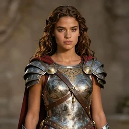 a young lucy lawless as xena warrior princess as an amazon warrior, a tall beautiful woman with brown skin and long hair, dressed in hellenistic body armor, intricate, elegant, highly detailed, smooth, sharp focus, detailed face, art by ardian syaf