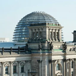 futuristic berlin with huge reichstag building with glass dome on the top, huge green alley with trees, large concrete buidlings around it, glass towers, hyperdetailed, artstation, cgsociety, 8 k