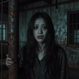 photo of a ghost woman, silent hill, highly detailed environment, haunted building, found footage, low quality camera, dark colors, industrial setting, rusty, lost footage, focus on face, disturbing, horror, fear, bad camera, old footage, hyperrealism, movie, movie screengrab, body horror, omnious