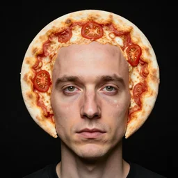 portrait of man with a rare facial deformity making the head flat and circular like a pizza, head looks exactly like a pizza, doughy skin with white pores, blemishes look like tomatoes, soft lighting, sharp focus, highly symmetrical, black background, masterpiece by jimmy nelson