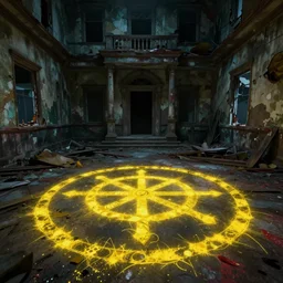 inside a haunted destroyed house, a sigil scribbled on the ground and the sigil shining yellow, trending on artstation, wide view, cinematic view, cinematic, 8 k, digital photo, unreal engine, colored paint, colorful paint, scary style