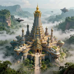 a beautiful and highly detailed digital nepali architecture, futuristic spaceships, swirling mist, lush forests, intricate details, epic scale, insanely complex, 8 k, sharp focus, hyper realism, fantasy landscape, psychedelic, by caspar friedrich