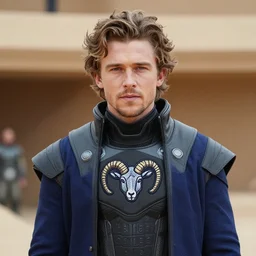 medium face shot of adult Austin Butler dressed in futuristic-tudoresque black-prussian blue garb with embroidered Rams head emblem, and nanocarbon-vest, in an arena in Dune 2021, XF IQ4, f/1.4, ISO 200, 1/160s, 8K, face in-frame