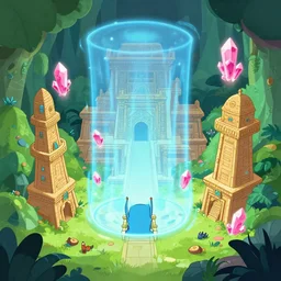 adventure time cartoon, wizard city, aztec temple, metropolis, magic, blue forcefield, levitating pink crystals, jungle, overgrown