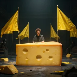 cheese revolution, yellow flags, cedric peyravernay, simon stalenhag, cinematic, dramatic lighting, excellent composition, trending on artstation