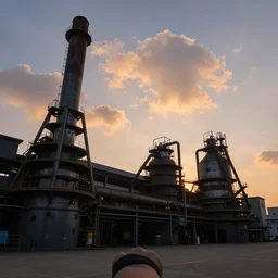 inside a giant blast furnace watching beautiful sunset clouds first person