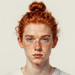 portrait of a thin young man with freckles and red hair with a man bun, intricate, symetric, highly detailed, digital painting, artstation, sharp focus, illustration
