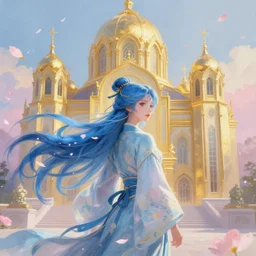 breathtaking detailed soft painting of a samurai queen with long flowing blue hair, pastel flower petals flying, at dawn in front of a pristine golden art nouveau cathedral, elegant, volumetric lighting, highly detailed, artstation, concept art, matte, sharp focus, art by pilyeon, matcha art