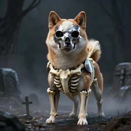 bones and skull armor made of bones, anthropomorphic shiba inu, metal skull face, stuning 3 d render, masterpiece, glowing black aura, foggy dark graveyard, by donato giancola and greg rutkowski and wayne barlow and zdzisław beksinski, realistic face